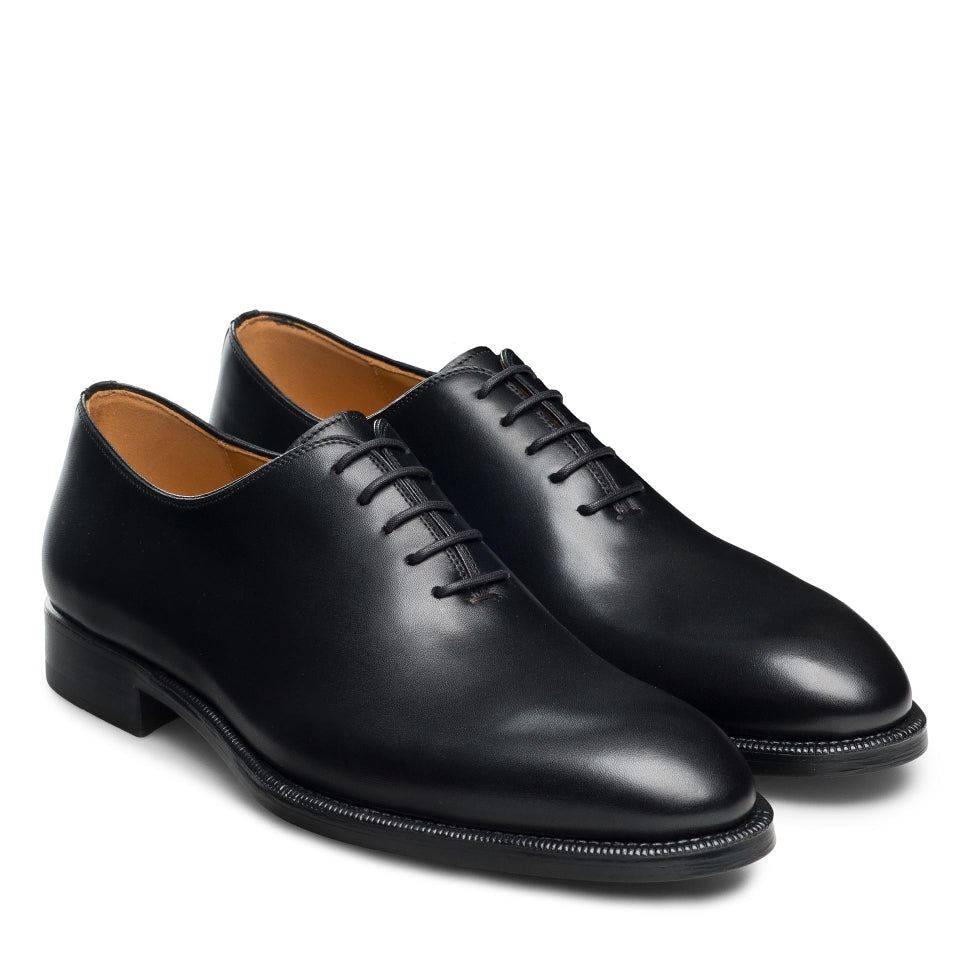 Pair of black leather dress shoes on a white background