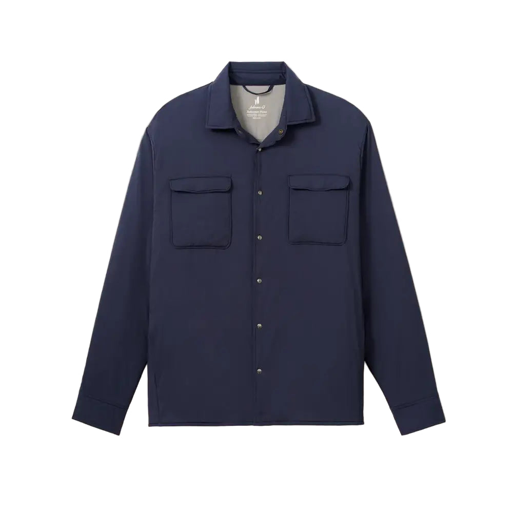 Navy blue shirt with two front pockets on a beige background