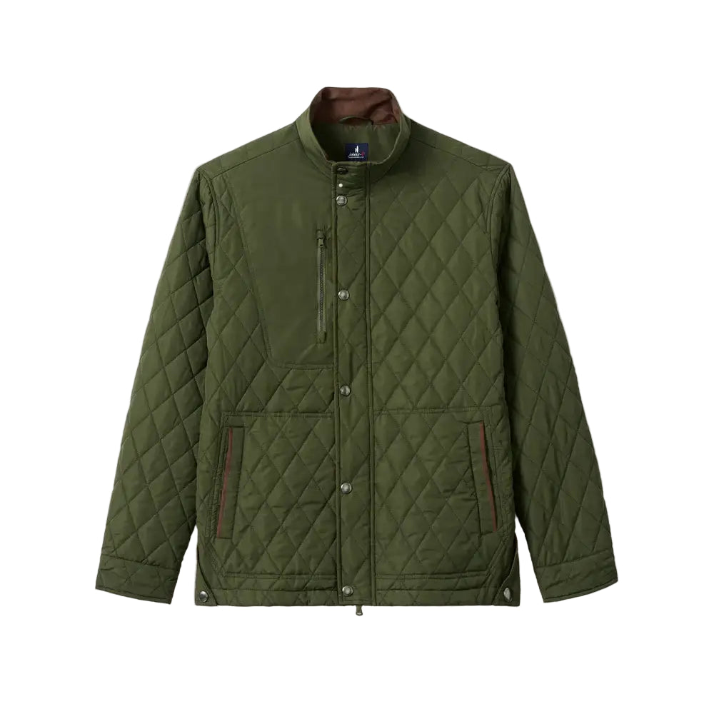 Green quilted jacket on a light beige background