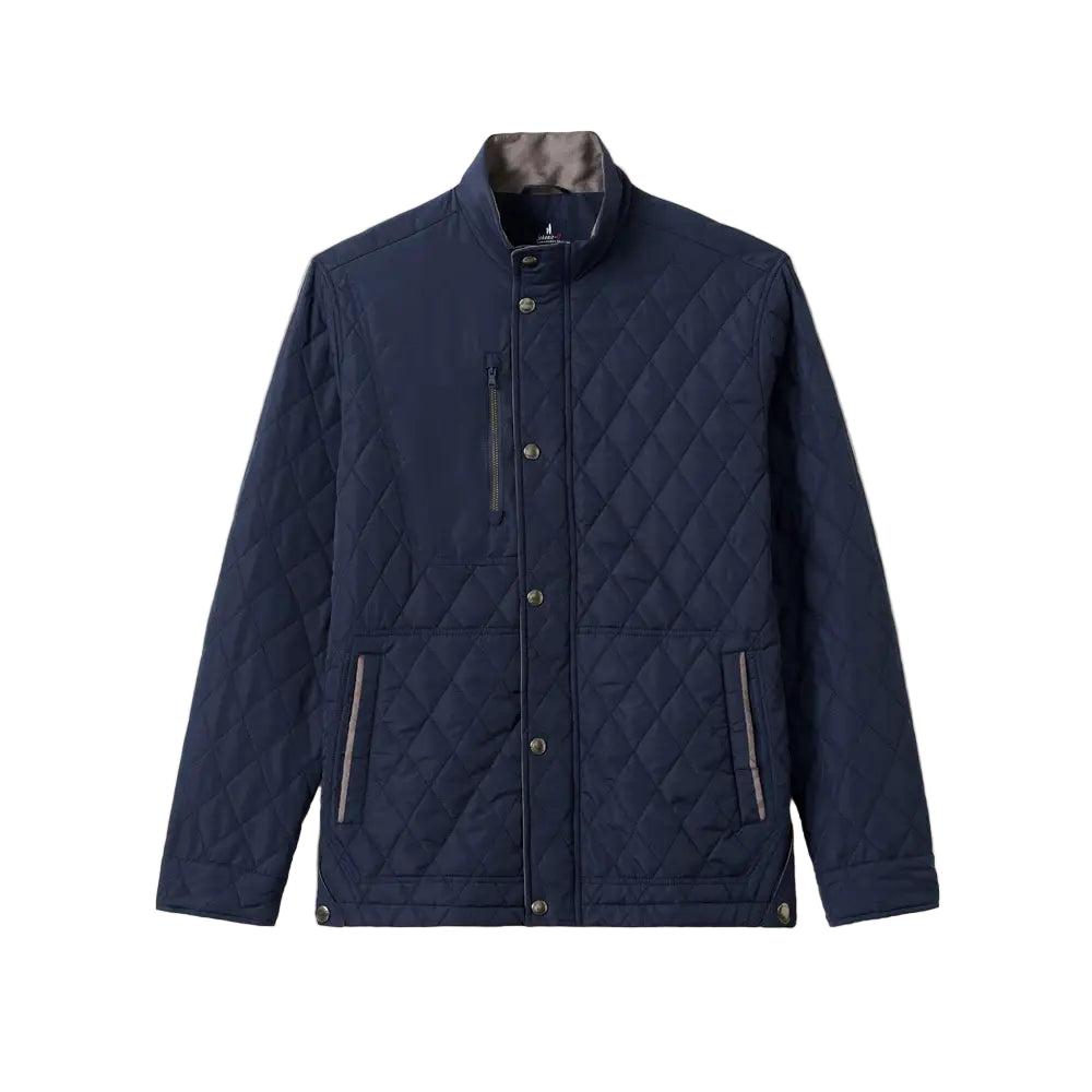Navy quilted jacket on a beige background