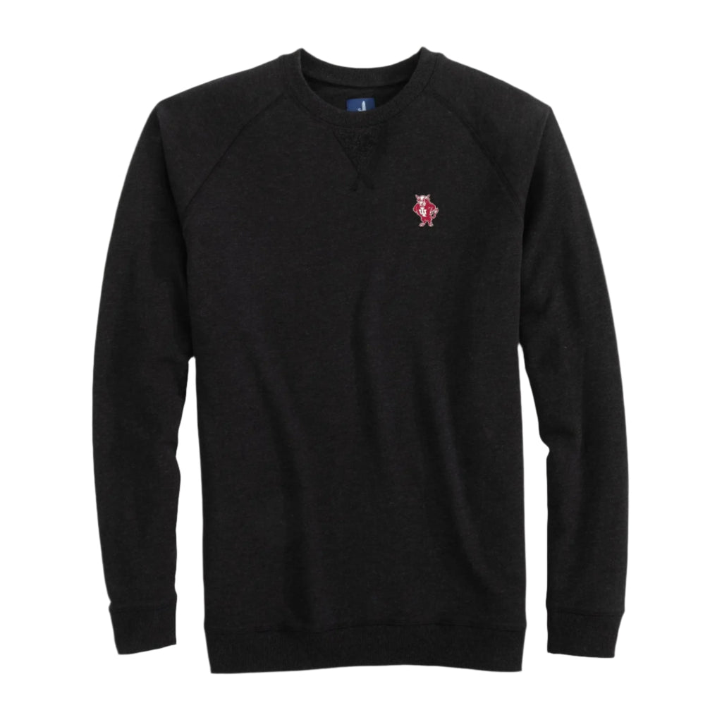 Black sweatshirt with a small red logo on a white background
