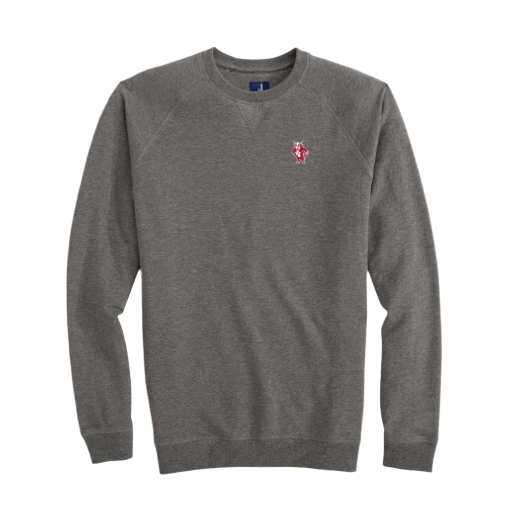 Gray sweatshirt with a small red logo on a white background