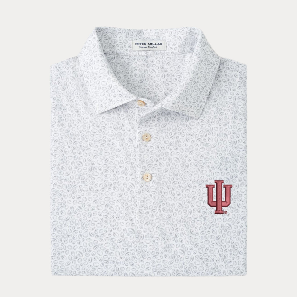 White polo shirt with small pattern and IU logo on a white background