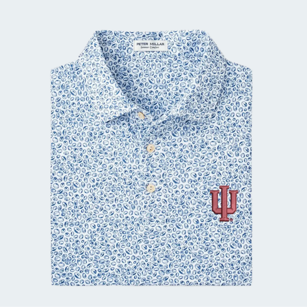 Blue patterned polo shirt with a red logo on a white background